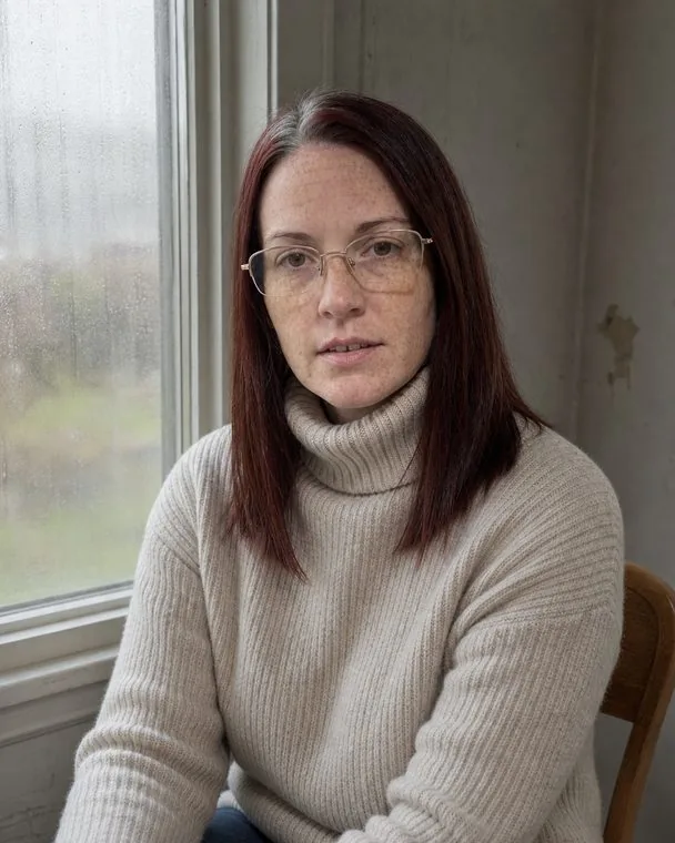 Nadia seated on a wooden chair by a rain-streaked window in a heavy oatmeal turtleneck, turned three-quarters to the camera, the same freckles and grey streak