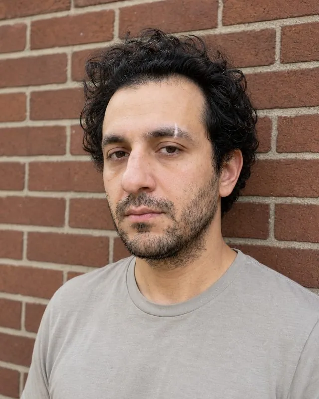 Actor: outdoors in open shade against a brick wall, natural light, plain neutral crew-neck t-shirt