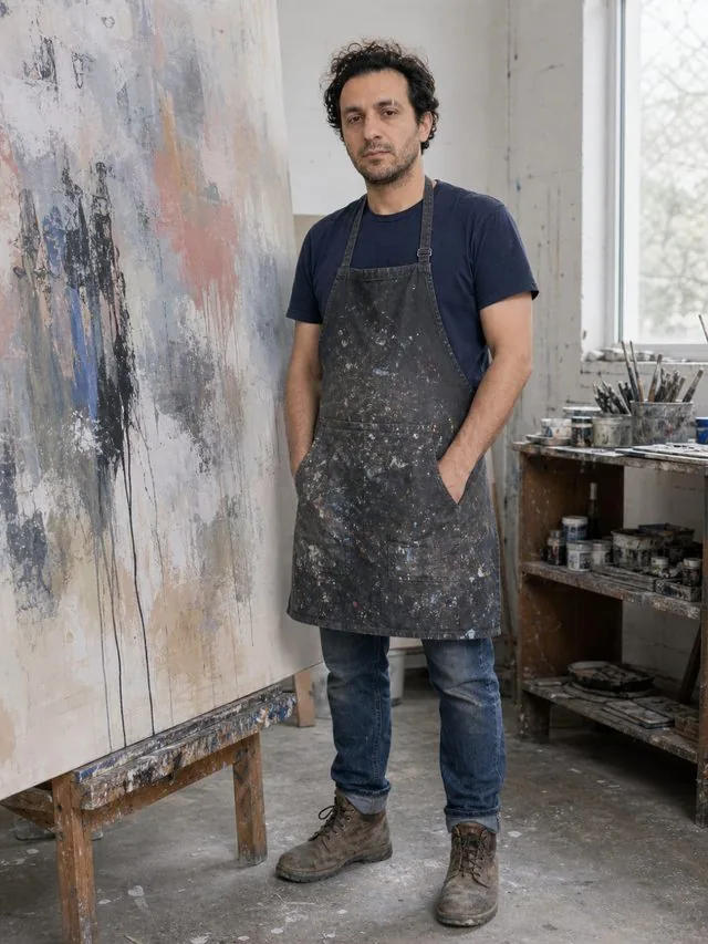 In the studio: a full-length frame standing beside a large canvas, paint-flecked apron over a tee, denim and work boots