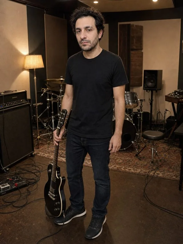 In the studio: the entire figure holding a guitar by the neck in a rehearsal room, black tee and jeans