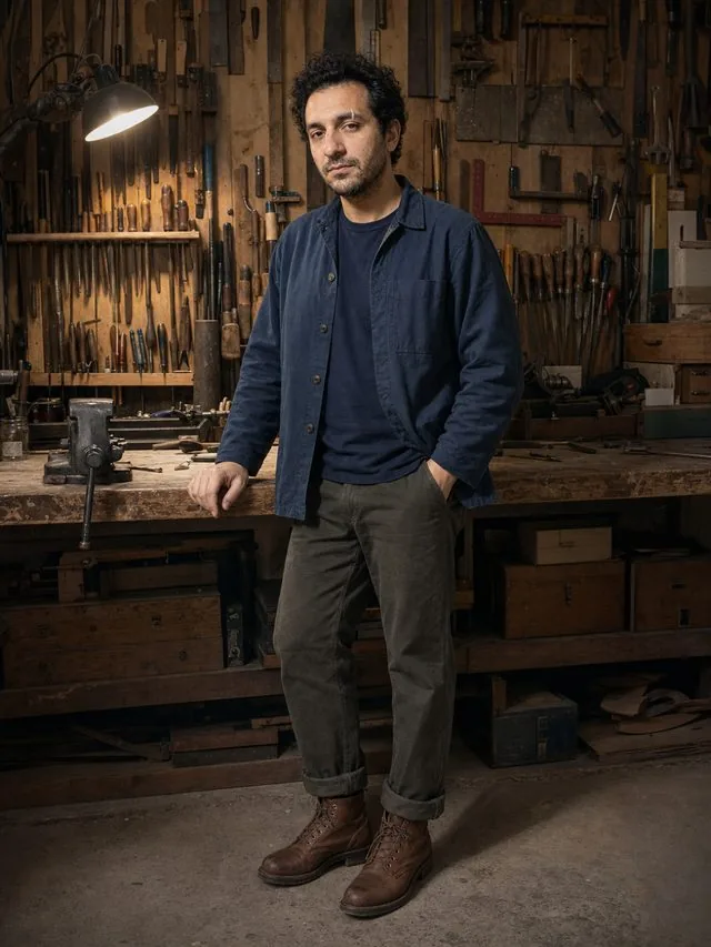 In the studio: a head-to-toe frame at a workbench with tools on the wall behind, canvas overshirt and cuffed trousers