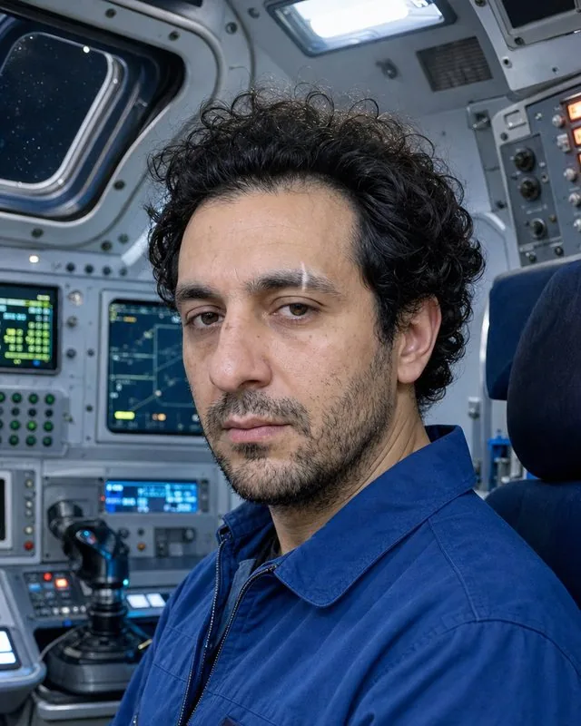 Astronaut: seated in a capsule mock-up with instrument panels glowing, blue flight suit, cool interior light on the face