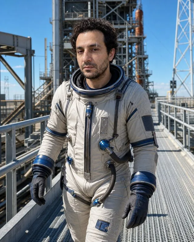 Astronaut: walking across a launch pad walkway in a pressure suit, blue sky and steel structure behind