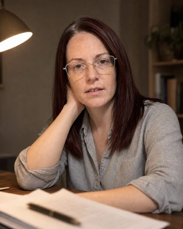Author: a portrait at a writing desk lit by a single warm lamp, soft grey shirt with the collar open