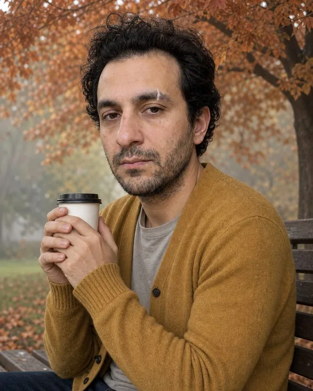 Autumn: sitting on a bench under a copper-leaved tree, mustard cardigan, hands around a takeaway cup, soft haze