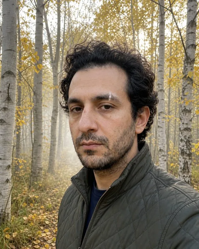 Autumn: in a forest of yellow birches in a quilted jacket, light filtering through, mist between the trunks