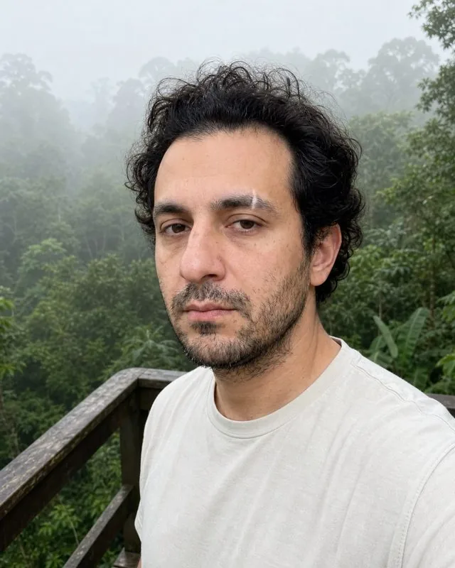 Bali: on a wooden deck over dense green jungle, light shirt, humid morning haze and soft diffused light