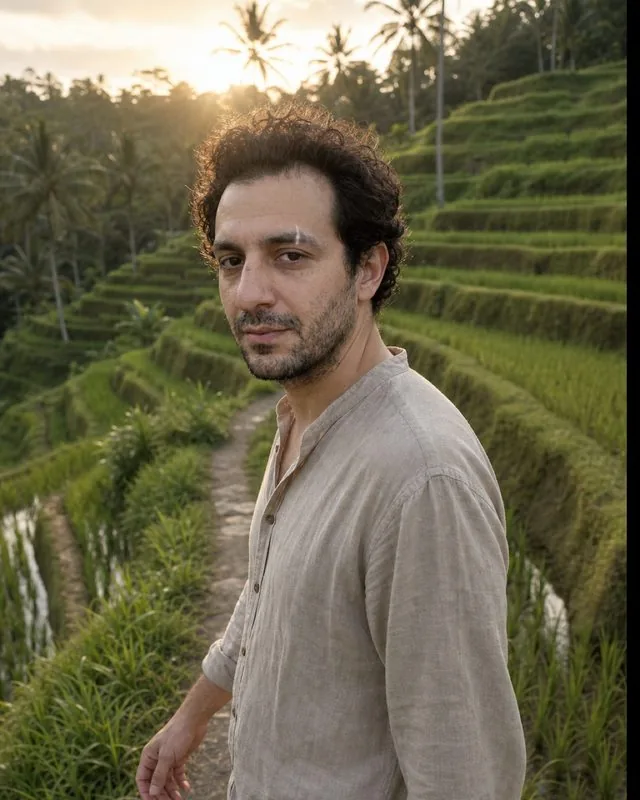 Bali: walking a path between rice terraces in a loose cotton shirt, low sun behind the ridges, palm silhouettes