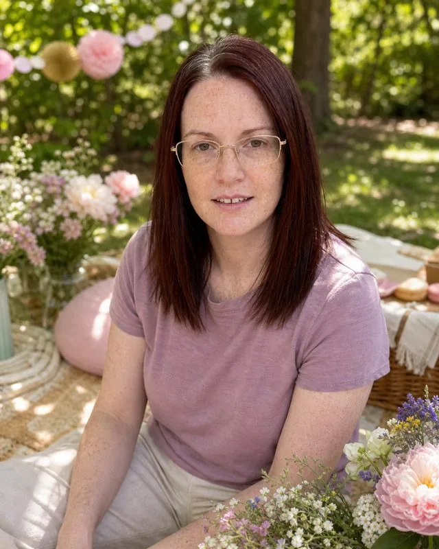 Birthday picnic: sitting on a rug surrounded by flowers and pastel decorations, soft dappled shade