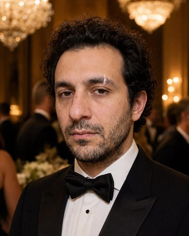 Black tie: at a formal gala in black tie under chandeliers, warm gold light, blurred guests behind