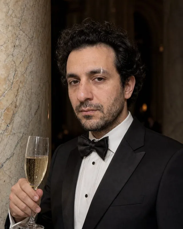 Black tie: holding a champagne flute beside a marble column, soft key light and deep background falloff