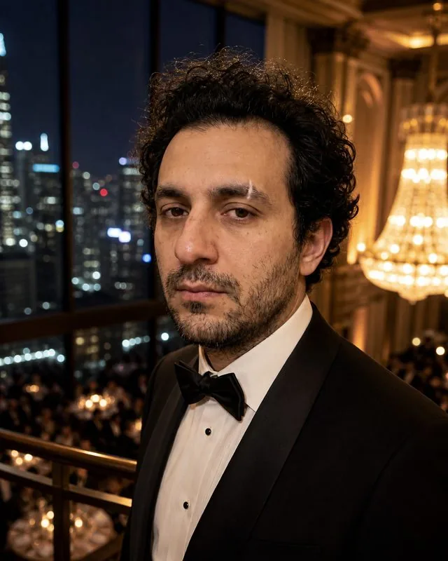 Black tie: on a balcony above a ballroom, city lights outside, warm interior glow on the face