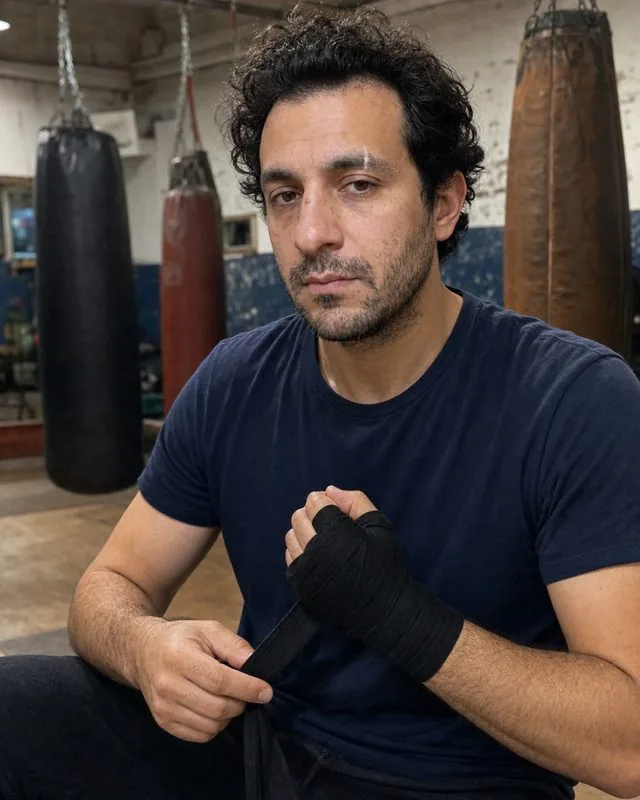 Boxing: wrapping hands in an old boxing gym, hard overhead light, heavy bags out of focus behind