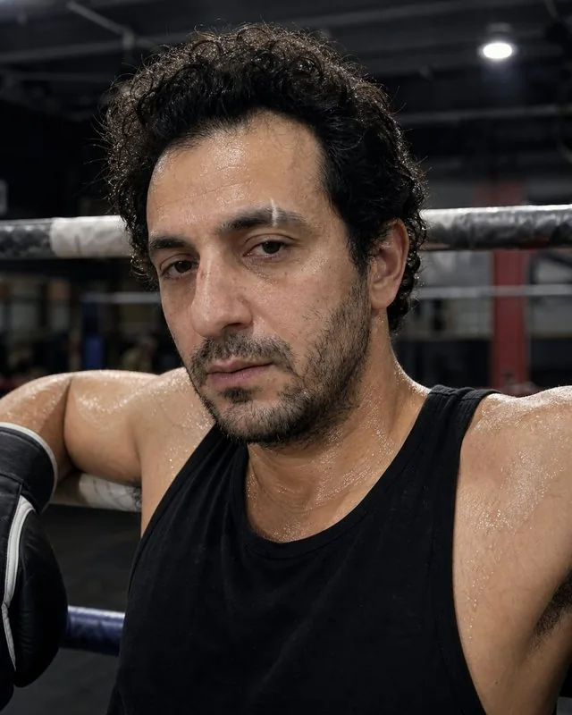 Boxing: leaning on the ropes of a ring between rounds, sweat and harsh lighting from above