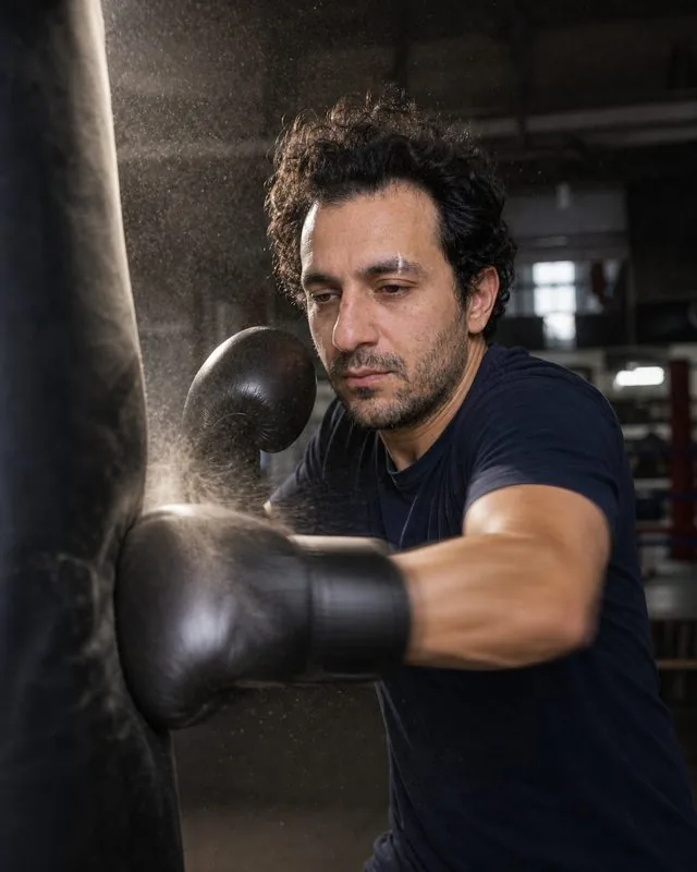 Boxing: mid-punch at a heavy bag, dust in the light beam, motion in the arms