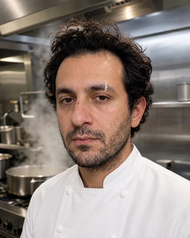 Chef: in a professional kitchen wearing a white chef jacket, steam and stainless steel behind, hard overhead light