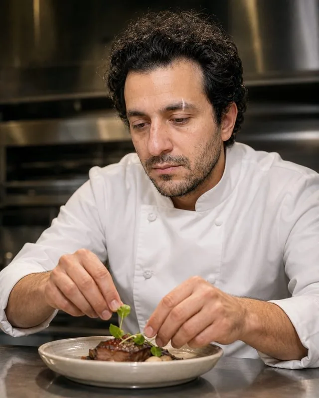 Chef: plating a dish at a stainless counter in a white chef jacket, hands in the lower frame