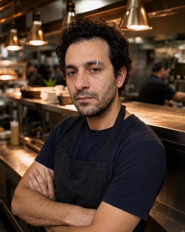 Chef: leaning against a kitchen pass in a dark apron, arms folded, service lights glowing out of focus behind