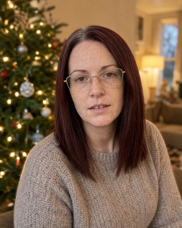 Christmas: beside a decorated Christmas tree in a warm living room, fairy lights out of focus, knitted jumper