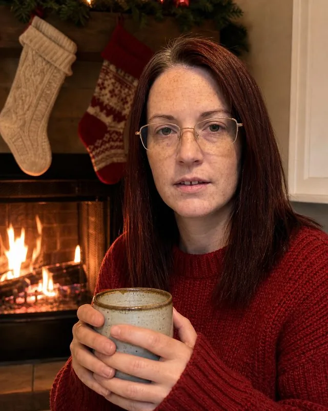 Christmas: holding a mug by a fireplace with stockings hung, red knitted jumper, warm firelight on the face