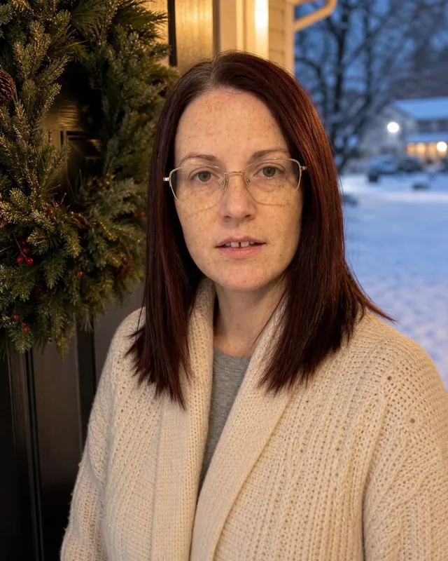 Christmas: in a doorway with a wreath, heavy cream cardigan, snow visible outside, soft evening interior light