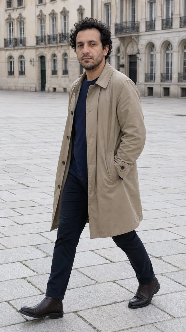 City walk: a full-length frame crossing a European square, trench coat over a jumper, dark trousers and leather boots