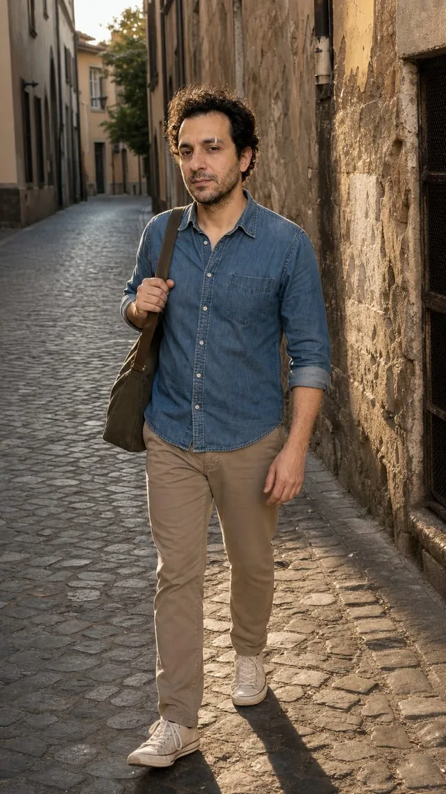 City walk: the entire figure on a narrow cobbled street with a shoulder bag, denim shirt and chinos, trainers visible