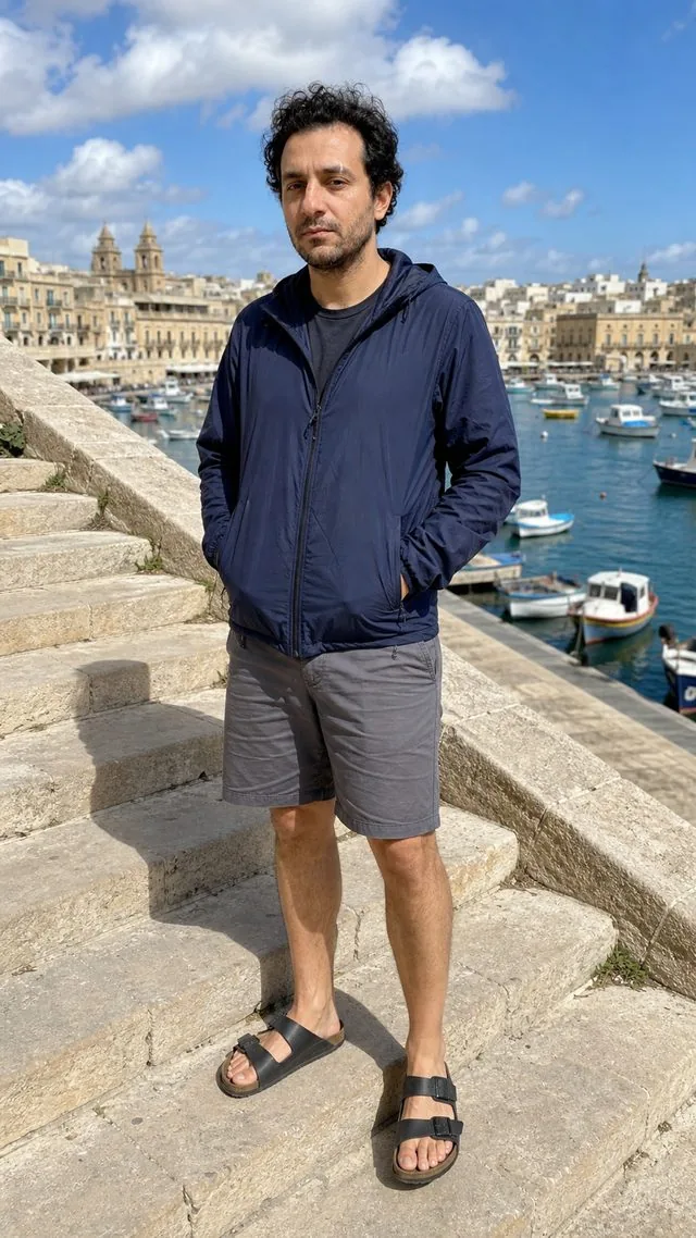 City walk: a head-to-toe frame standing on stone steps above a harbour, light windbreaker and shorts, sandals in frame