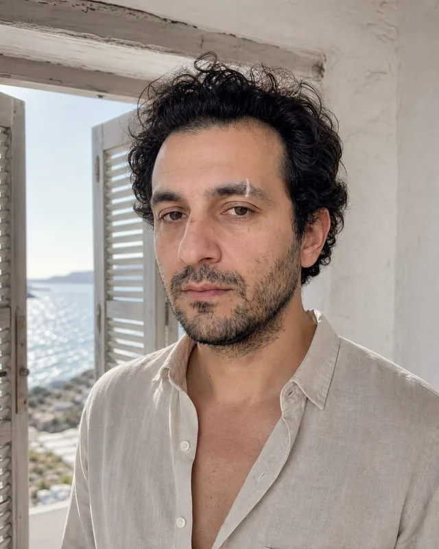 Coastal: in a whitewashed coastal room with open shutters, unbuttoned linen shirt