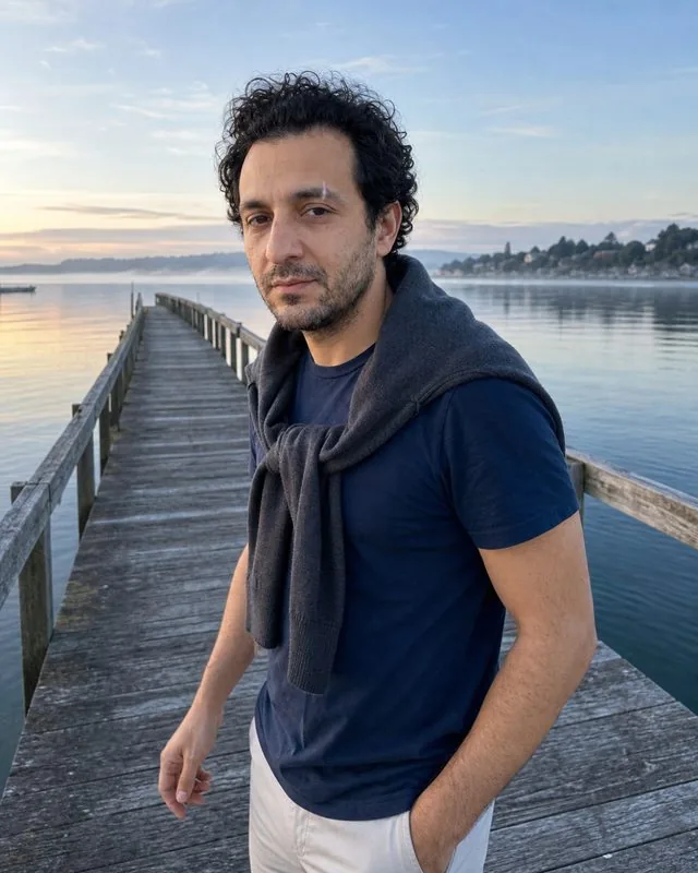 Coastal: walking a wooden jetty at dawn with a jumper over the shoulders, cool soft light