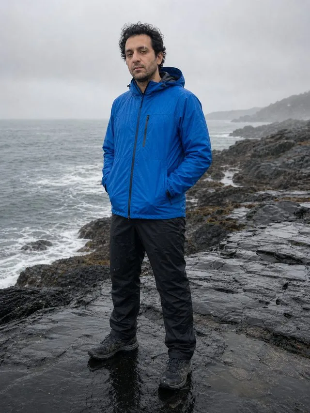 Coastal technical: a full-length frame from head to toe with the entire figure and both shoes inside the frame