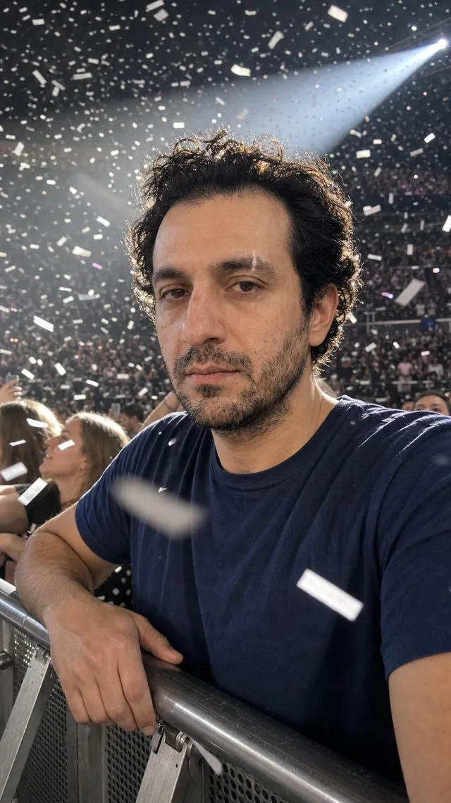Concert: at the barrier with confetti falling, bright white spotlight from the stage, motion in the air