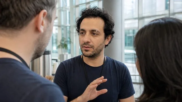 Conference: talking in a small group near a coffee station, candid mid-gesture, daylight from a glass atrium