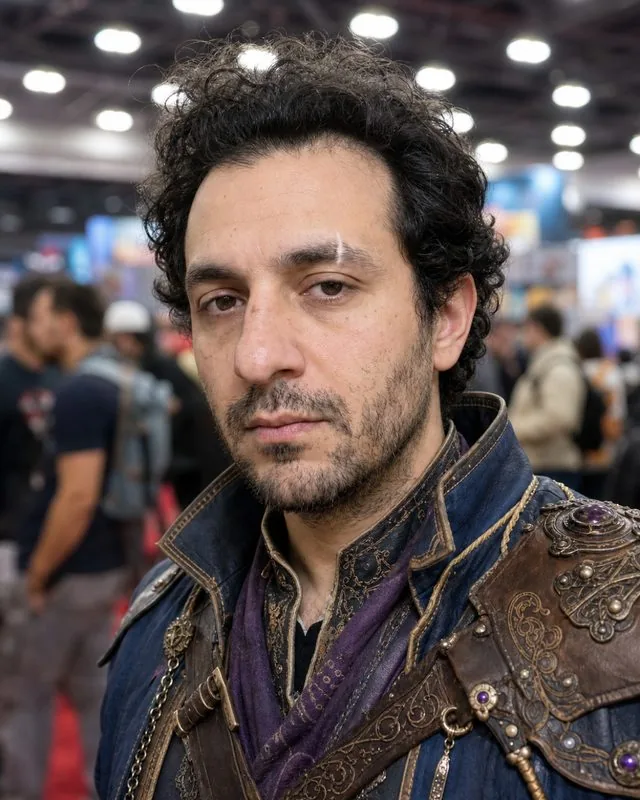 Cosplay: in an elaborate handmade fantasy costume on a convention floor, bright hall lighting, crowd blurred behind