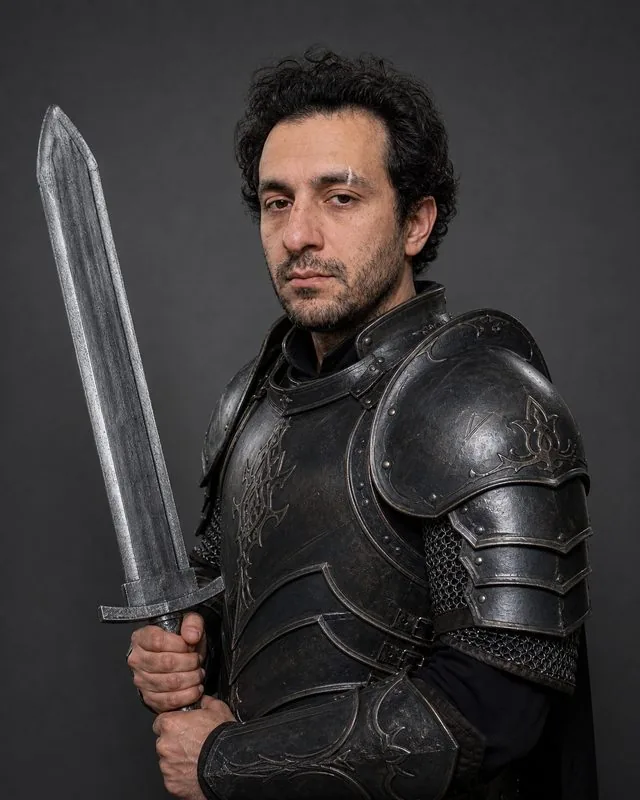 Cosplay: posing with a prop weapon against a plain backdrop, hard studio light picking out the armour detail