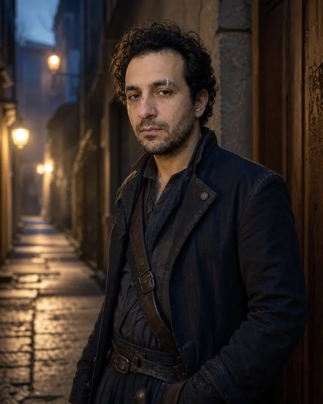 Cosplay: in costume in an alley at dusk, warm practical lights and light haze, cinematic colour