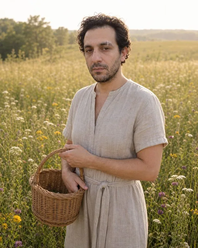 Cottagecore: in a wildflower meadow in a linen dress with a woven basket, warm hazy afternoon light