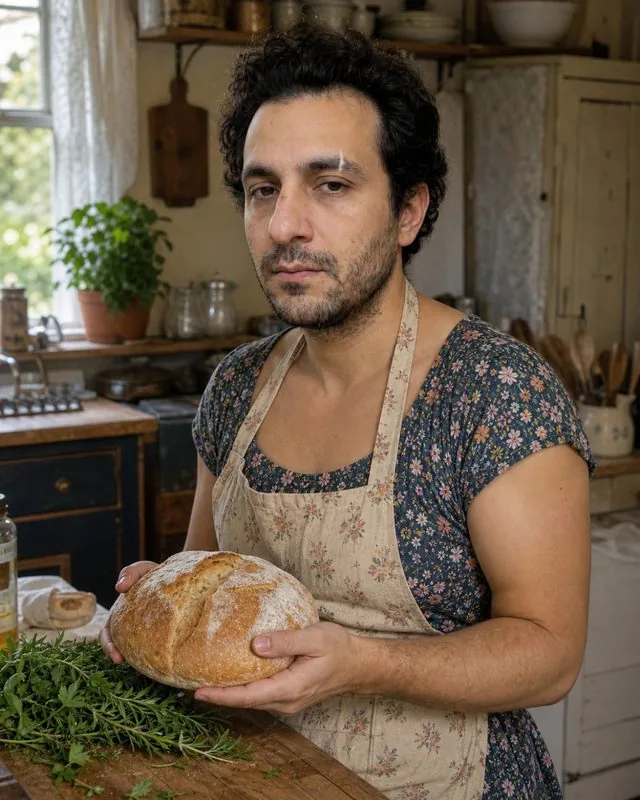 Cottagecore: in a cottage kitchen with fresh bread and herbs on the table, apron over a floral dress, soft window light