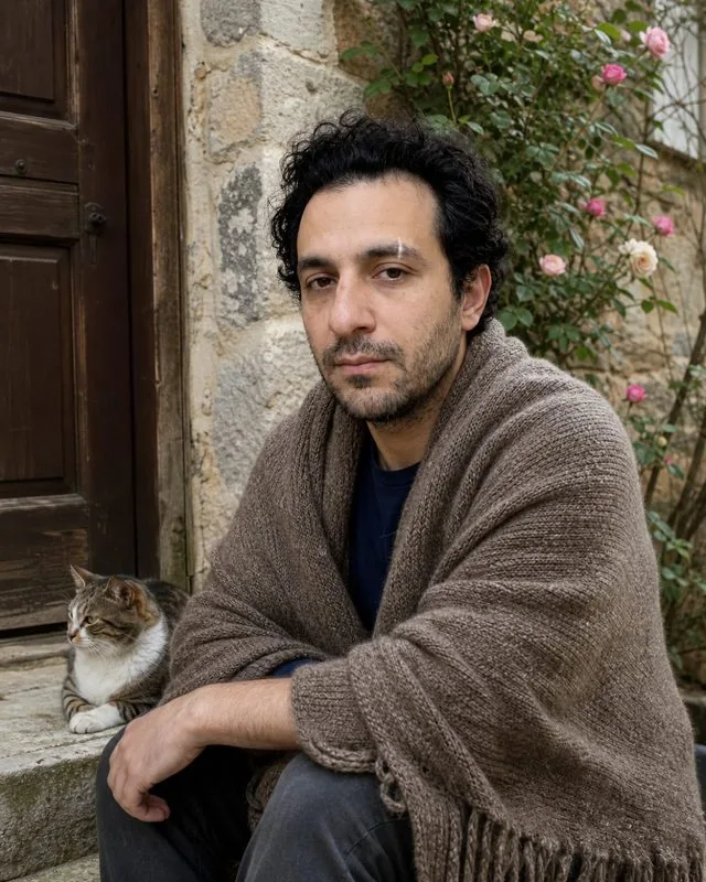 Cottagecore: sitting on the step of a stone cottage in a knitted shawl, a cat nearby and climbing roses behind