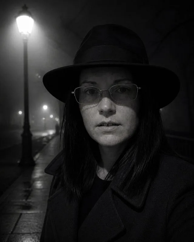 Film noir: under a street lamp in fog at night, black and white, long coat and hat brim shadow across the face