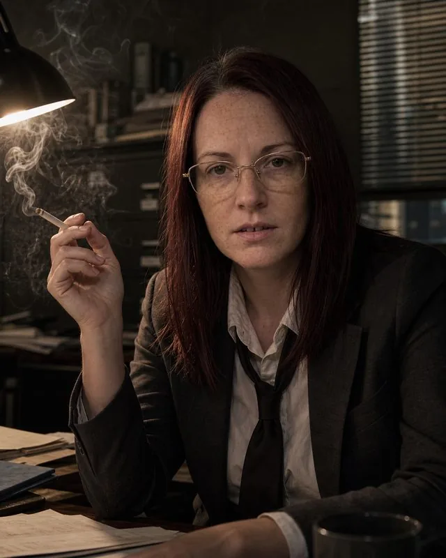 Film noir: in a dim office with a desk lamp and cigarette smoke curling through the beam