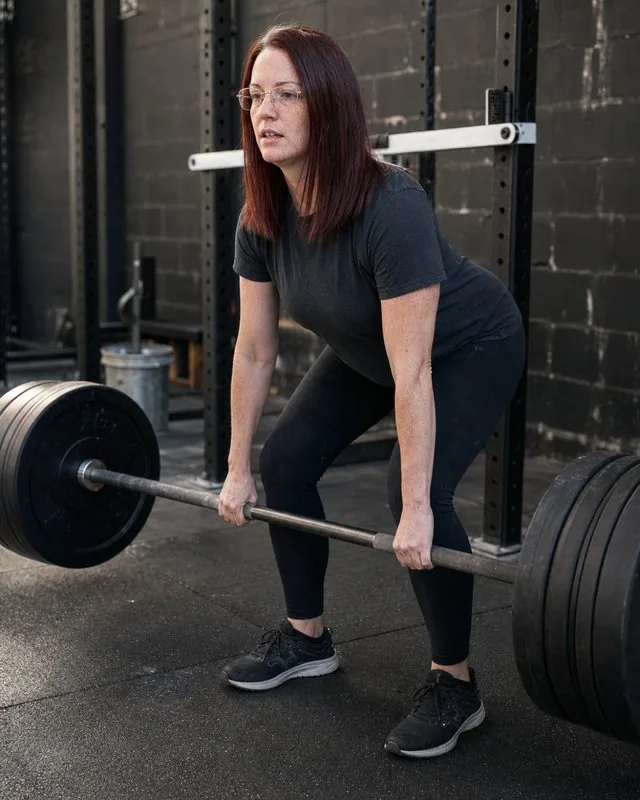 Functional training: mid-lift with a loaded barbell on a rubber platform, industrial gym, hard directional lighting