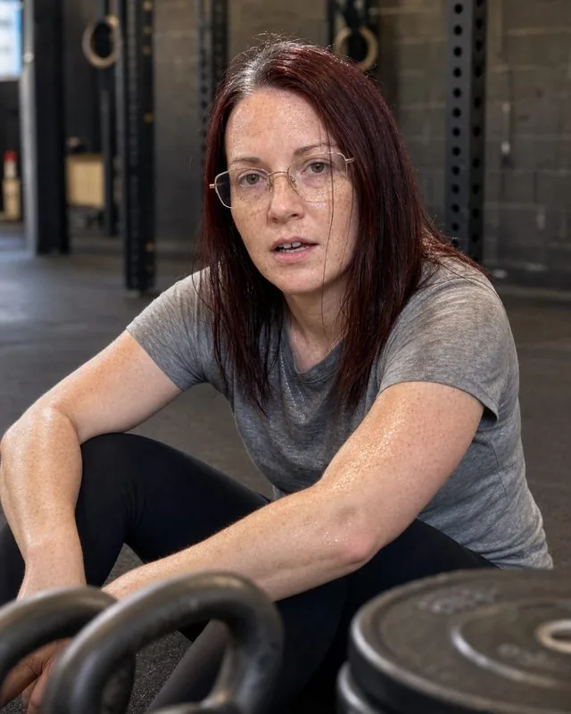 Functional training: catching breath on the floor after a set, kettlebells and plates in the foreground out of focus