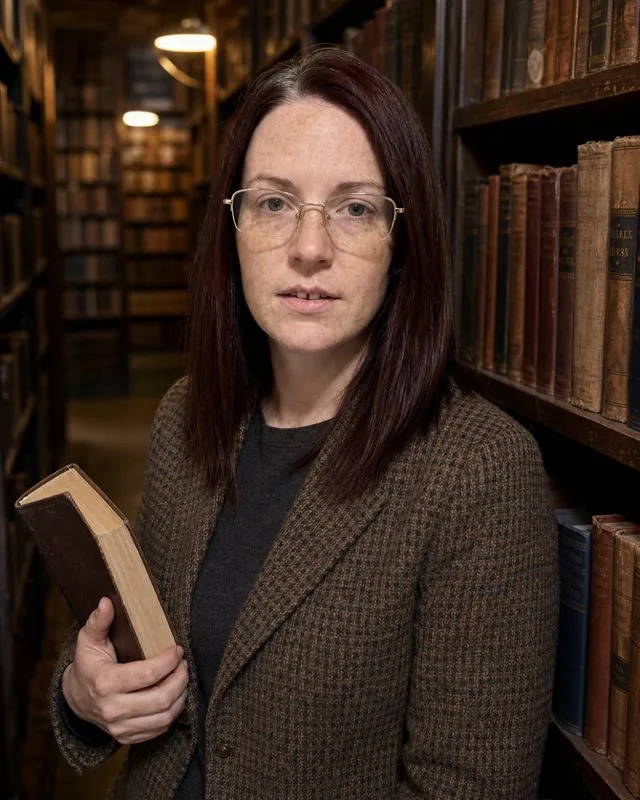 Dark academia: in a tweed jacket among old library stacks, warm lamp pools in deep shadow, book in hand
