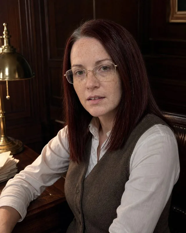 Dark academia: at a wooden desk with a brass lamp and stacked papers, waistcoat over a white shirt, dark panelled room