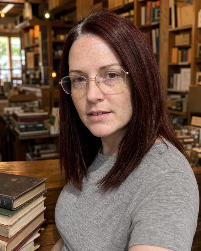 Bookshop: at the counter with a small stack of books, quiet amused expression, cluttered wooden interior