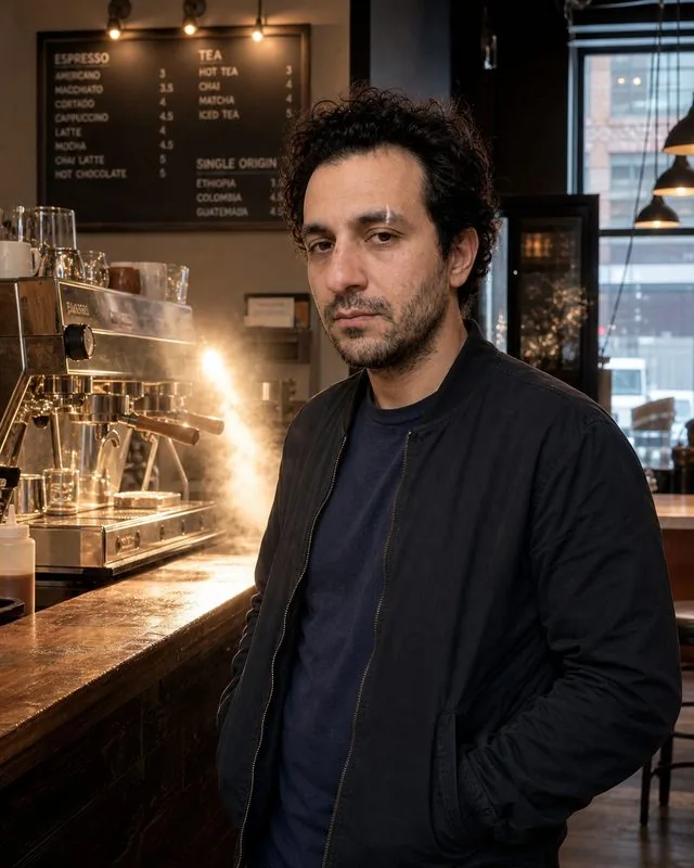 Coffee shop: standing at the counter waiting for an order, hands in jacket pockets