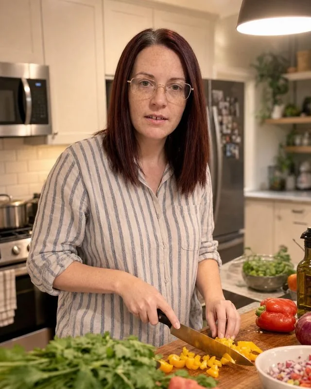 Cooking at home: chopping vegetables at a home kitchen island, striped shirt with the sleeves rolled