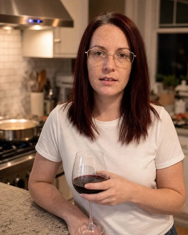 Cooking at home: leaning on the counter with a glass of wine while a pan steams behind, plain white t-shirt