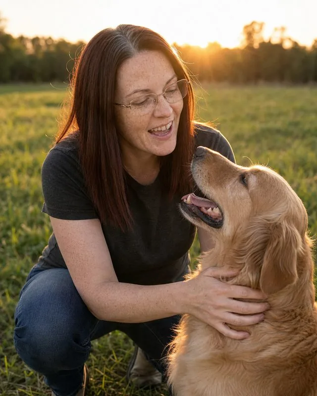 With a dog: crouching on a grass field to greet a golden retriever, laughing, low warm evening sun behind